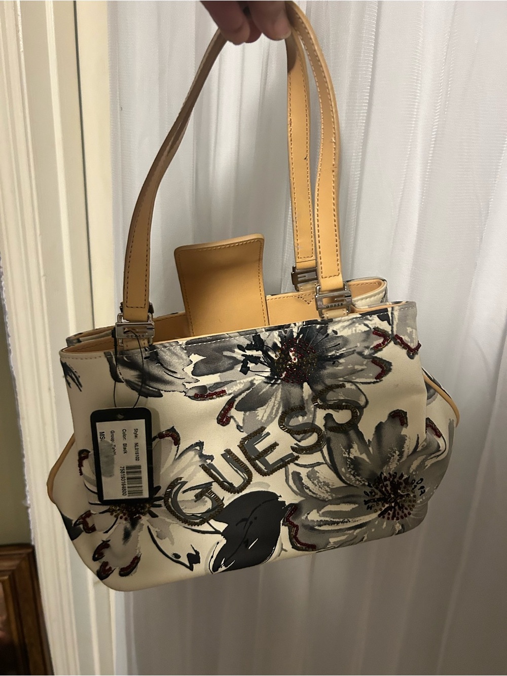 Guess Floral Logo Tote in Cream and Tan Handles